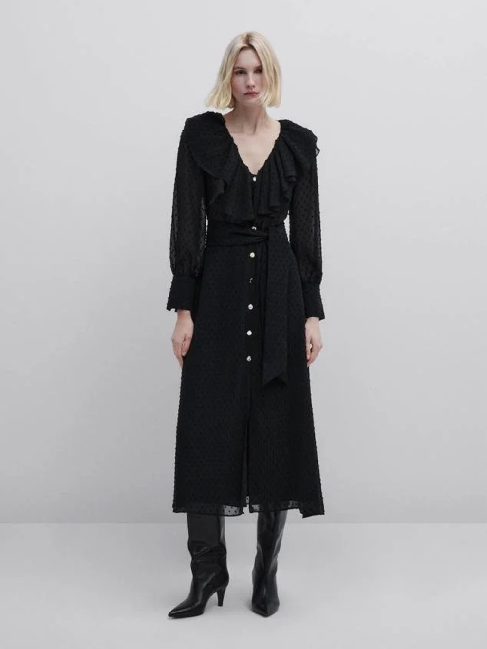 Massimo Dutti Black Ruffled Midi Dress with Button Front **Missing belt/sash***